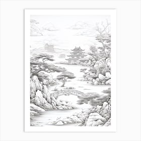 Okinawa Islands In Okinawa, Ukiyo E Black And White Line Art Drawing 2 Art Print