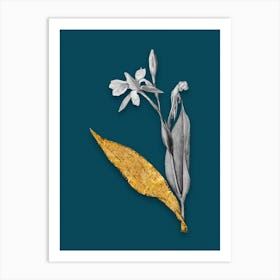 Vintage Bandana of the Everglades Black and White Gold Leaf Floral Art on Teal Blue n.0288 Art Print