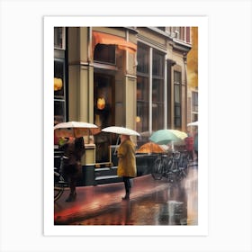 Amsterdam cafes, autumn season, rain, autumn oil colours.Faded colours,People passing on the street, winter clothes, rain umbrellas.10 2 Art Print