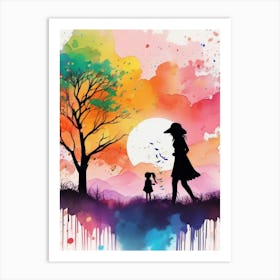 Mommy and Me, Silhouette Of Mother And Child Watercolor Splash Art Print