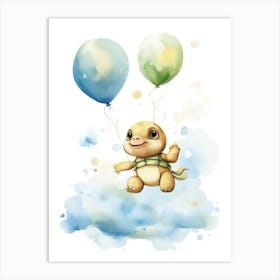 Baby Turtle Flying With Ballons, Watercolour Nursery Art 1 Art Print