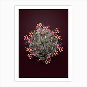 Vintage Allium Globosum Flower Wreath on Wine Red n.0613 Art Print