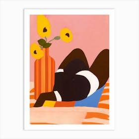 Woman Chilling On The Floor With Sunflowers Art Print