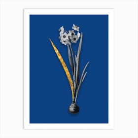 Vintage Daffodil Black and White Gold Leaf Floral Art on Midnight Blue n.0880 Art Print