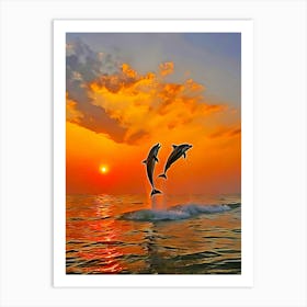 Dolphins Jumping At Sunset Art Print