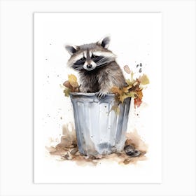 A Raccoon In A Trash Can Watercolour Illustration 2 Art Print