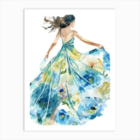 Watercolor Floral Girl In Blue Dress Art Print