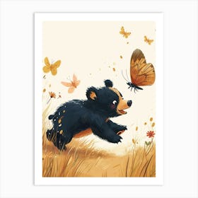 American Black Bear Cub Chasing After A Butterfly Storybook Illustration 1 Art Print