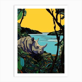 Rhino Relaxing In The Bushes Simple Illustration 3 Art Print