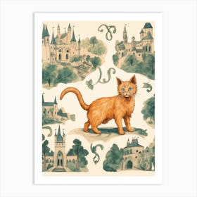 Ginger Cat With Forest Green Castles Art Print