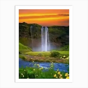 Waterfall At Sunset Art Print