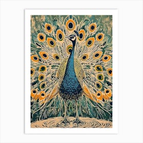 Blue Mustard Peacock Linocut Inspired 2 Art Print