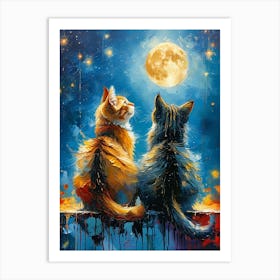 Two Cats Admire The Moon Art Print