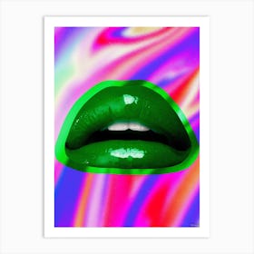 Collage Art Trippy Neon Lime Lips In Purple Art Print