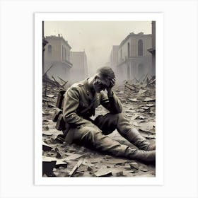 Desperate Soldier In The Ruins Art Print