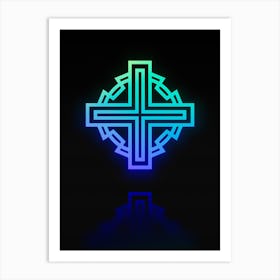 Neon Blue and Green Abstract Geometric Glyph on Black n.0007 Art Print