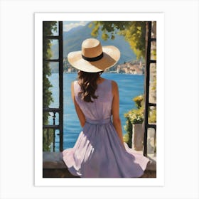 Lady at Lake Como ~ Painting of Woman in Italy in Beautiful Dress and Straw Hat Art Print