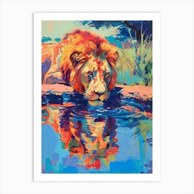 Masai Lion Drinking From A Watering Hole Fauvist Painting 3 Art Print