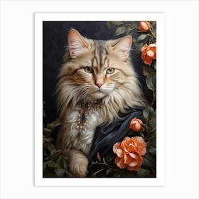 Cat With Roses Art Print