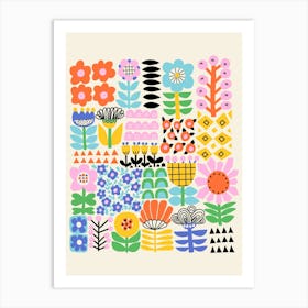 Happy Colorful Floral Grid Folk Art Flowers Illustration Art Print