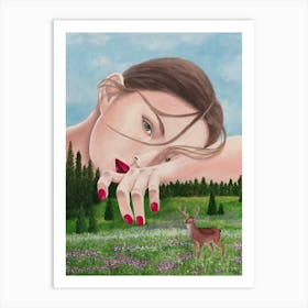 Woman With Deer In Nature Art Print