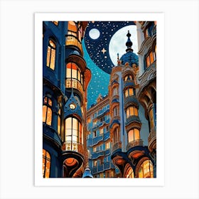 Gaudi City ~ Barcelona Imagined City ~ Spain Travel Adventure Visionary Wall Decor Futuristic Sci-Fi Trippy Surrealism Modern Digital Psychedelic Cubic Fantasy Art Full Moons Stars Mandala Spiritual Fractals Space DMT Vibrant Art Print