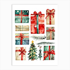 Watercolor Christmas Presents Art Print