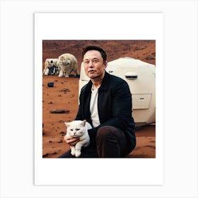 Elon musk holding a white cat with some blonde fur in mars Art Print