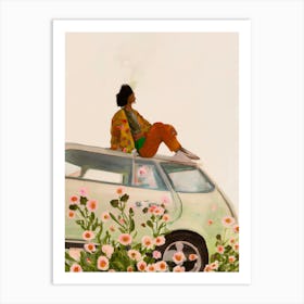 Thoughtful Woman Sitting On Car Roof By Flowers Art Print