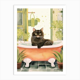 Black Cat In Bathtub Botanical Bathroom 7 Art Print