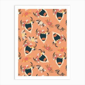 Black Bulls with Flower Crowns on Orange Art Print