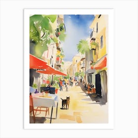 Food Market With Cats In Mallorca 3 Watercolour Art Print