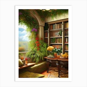 Room Interior Library Books Bookshelves Reading Literature Study Fiction Old Manor Book Nook Reading Nook Plants Green Thumb Art Print