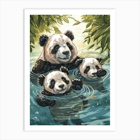 Giant Panda Family Swimming In A River Storybook Illustration 4 Art Print