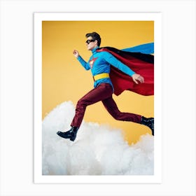 1980s Style Superhero Clad In Vintage Pilot Attire Soaring Above Cloud Banks Cotton White Cumulo (5) Art Print