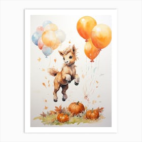 Horse Flying With Autumn Fall Pumpkins And Balloons Watercolour Nursery 3 Art Print