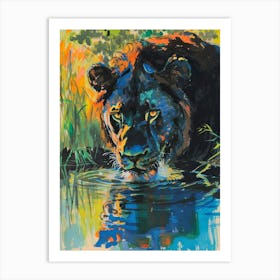 Black Lion Drinking From A Watering Hole Fauvist Painting 4 Art Print