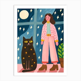 Black Cat and Woman Girl with Fashion Outfit Art Print