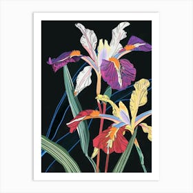 Neon Flowers On Black Iris 2 Art Print