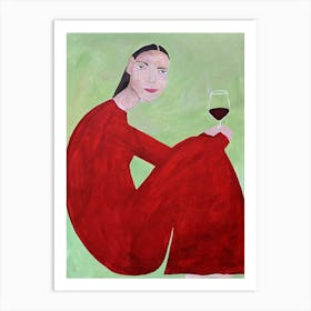 Woman in red with a glass of wine on a green background Art Print