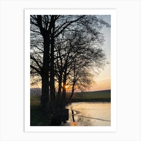 Tree silhouette and frozen pond at sunset Art Print