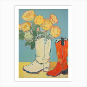 Painting Of Yellow Flowers And Cowboy Boots, Oil Style 14 Art Print