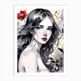 Selective Colour Portrait Of A Gorgeous Girl With Red Flower Art Print