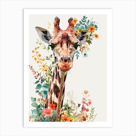 Giraffe With Flowers Watercolour 3 Art Print