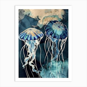 Jellyfish Painting Gold Blue Effect Collage 3 Art Print