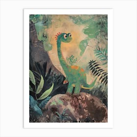 Cute Dinosaur By The Stream Watercolour Painting 1 Art Print