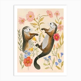 Folksy Floral Animal Drawing Otter 2 Art Print