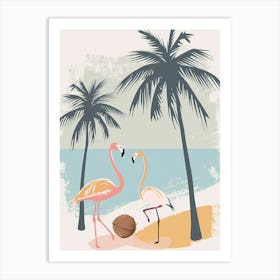 Lesser Flamingo And Coconut Trees Minimalist Illustration 3 Art Print
