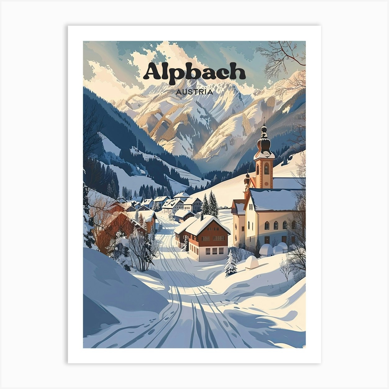 Alpbach Austria Winter Travel Illustration Póster