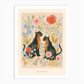 Folksy Floral Animal Drawing Black Panther Poster Art Print